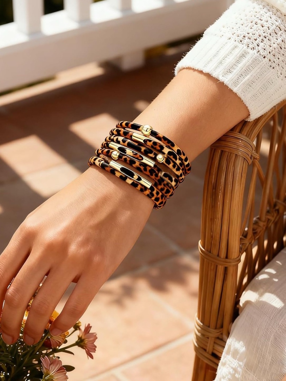 Leopard Print Multi-Wrap Leather Bracelet with Gold Beads B04-03 - Picture 8 of 9